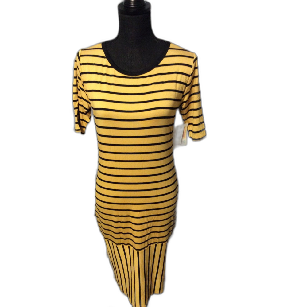 New NWT LuLaRoe Julia Medium Dress Striped Gold Black